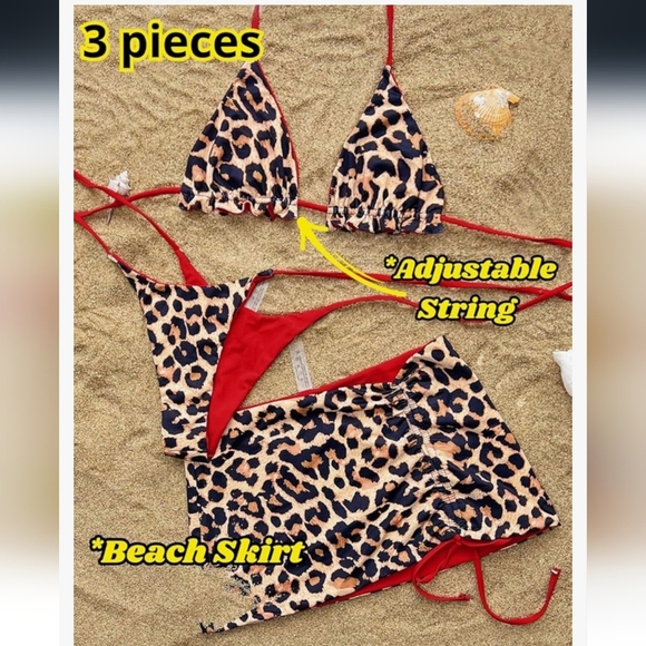 Reversible Leopard and Red 3 Piece Bikini Set NWOT - Picture 4 of 13